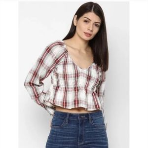 NWT American Eagle Plaid Cropped V-neck Blouse size XL